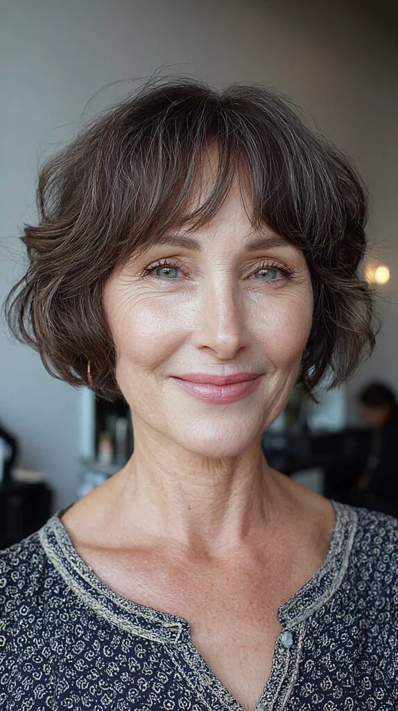 Soft wavy brown bob with short curtain bangs