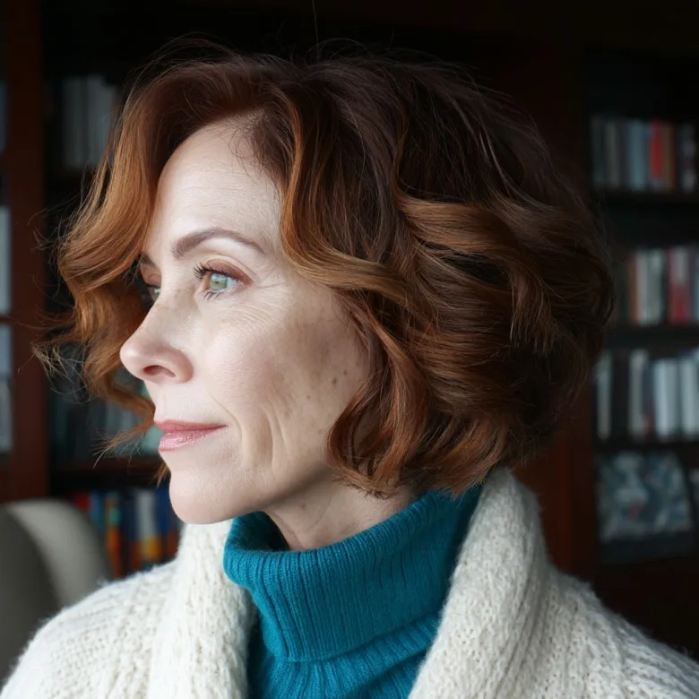 Softly Curled Copper Bob with Subtle Volume