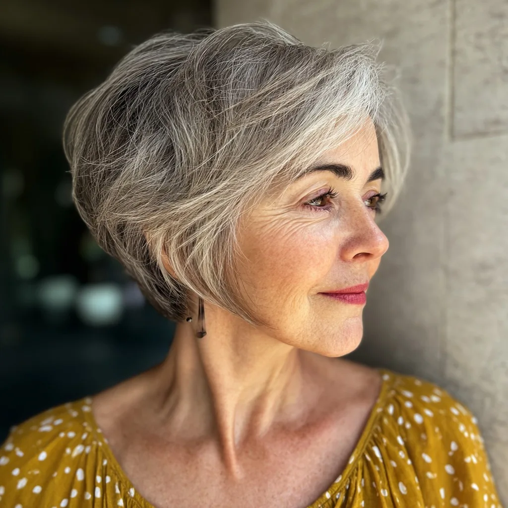 Softly Layered Ashy Pixie with Side-Swept Bangs