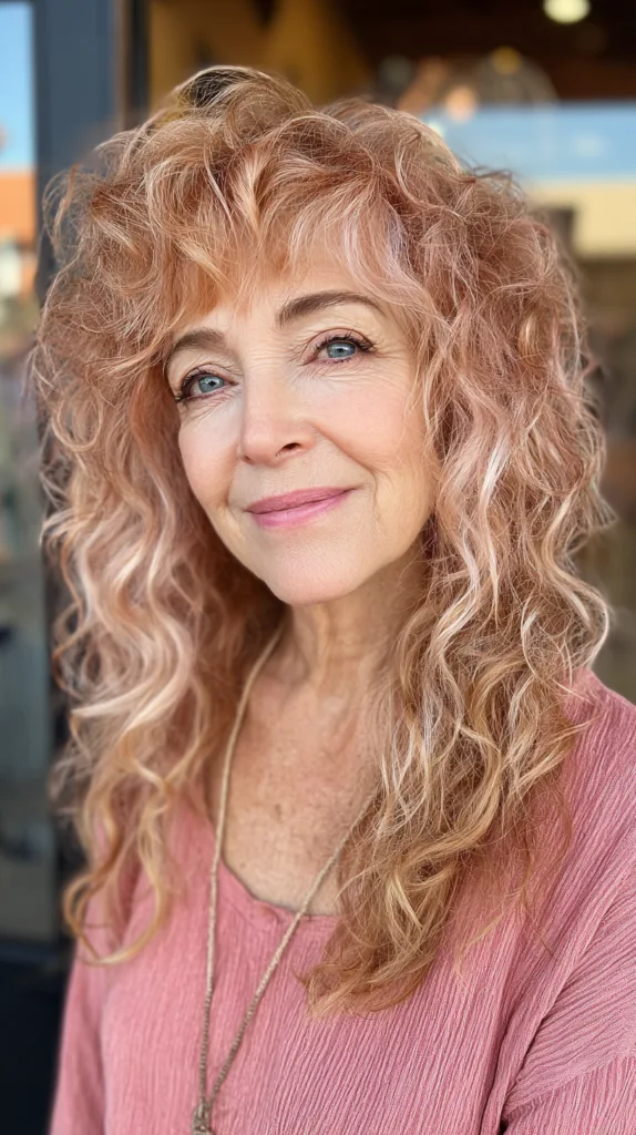 Softly Layered Curly Shag with Warm Rose Tones