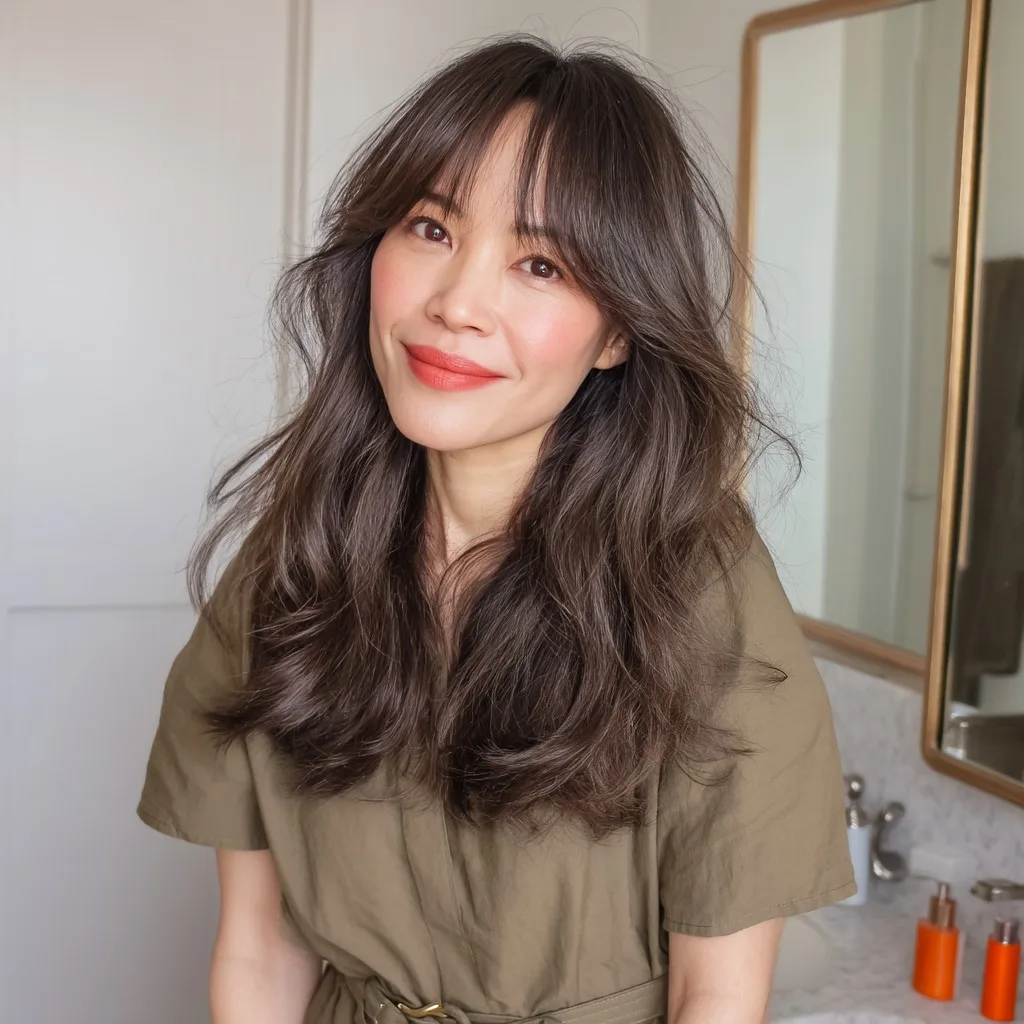 Softly Layered Curtain Bangs with Natural Waves