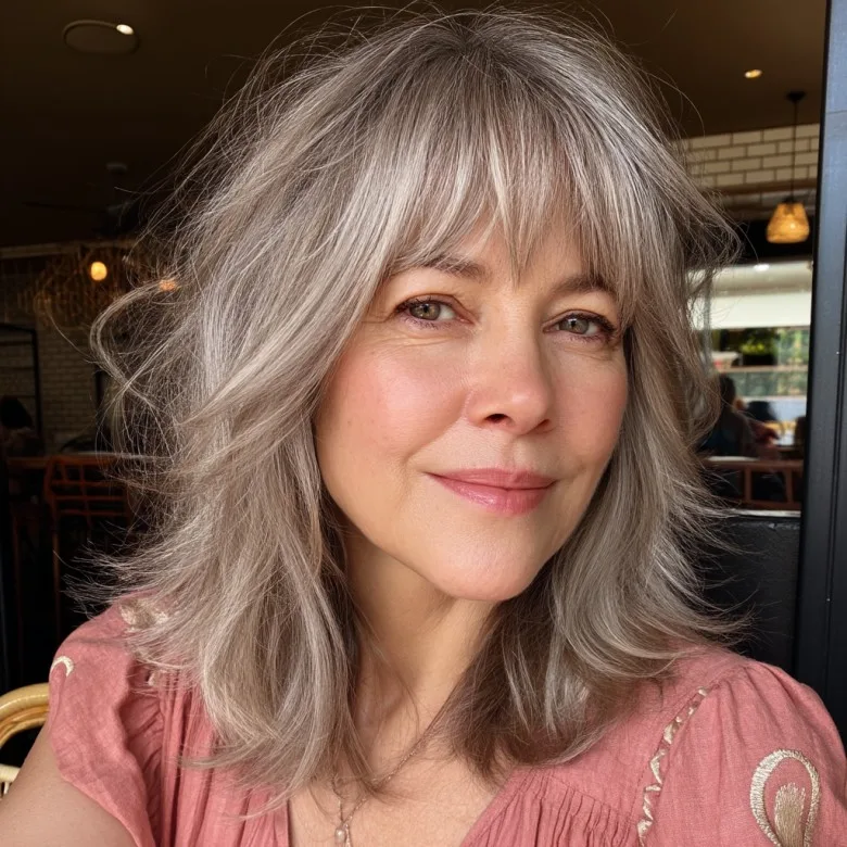 Softly Layered Gray Shag with Wispy Bangs