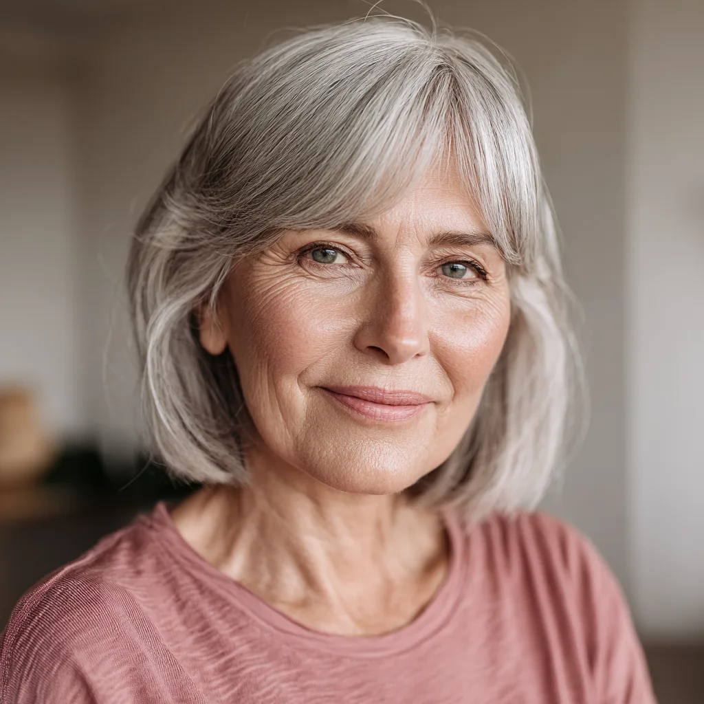 Softly Layered Grey Bob with Gentle Face-Framing Bangs