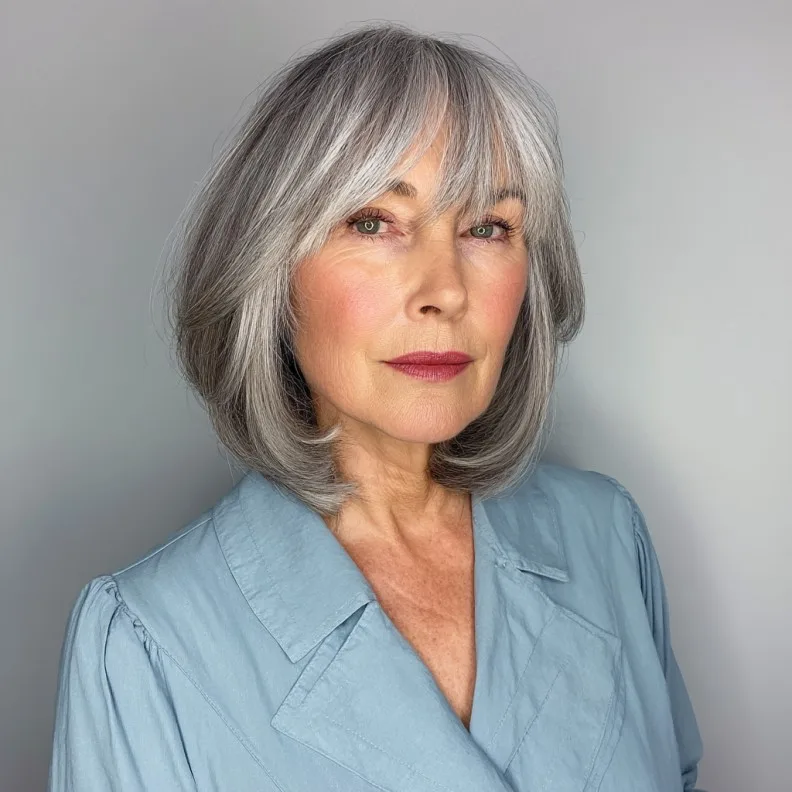 Softly Layered Silver Bob with Face-Framing Bangs