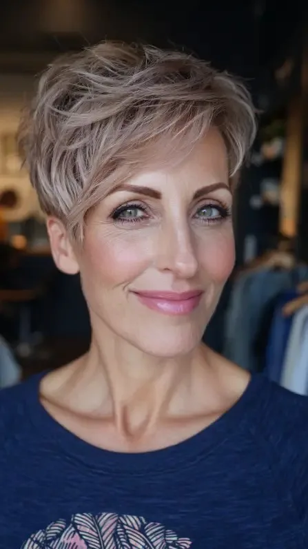 Softly Textured Ash Blonde Pixie Cut with Volume
