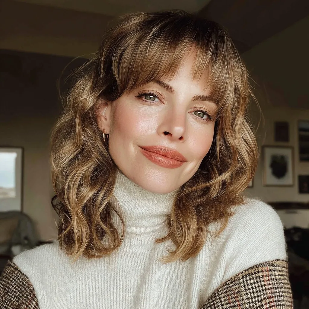 Softly Textured Curtain Bangs with Loose Waves