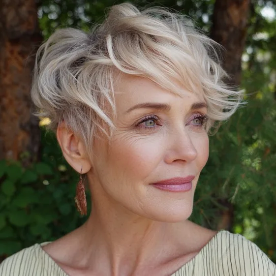Softly Textured Pixie Cut with Light Blonde Highlights