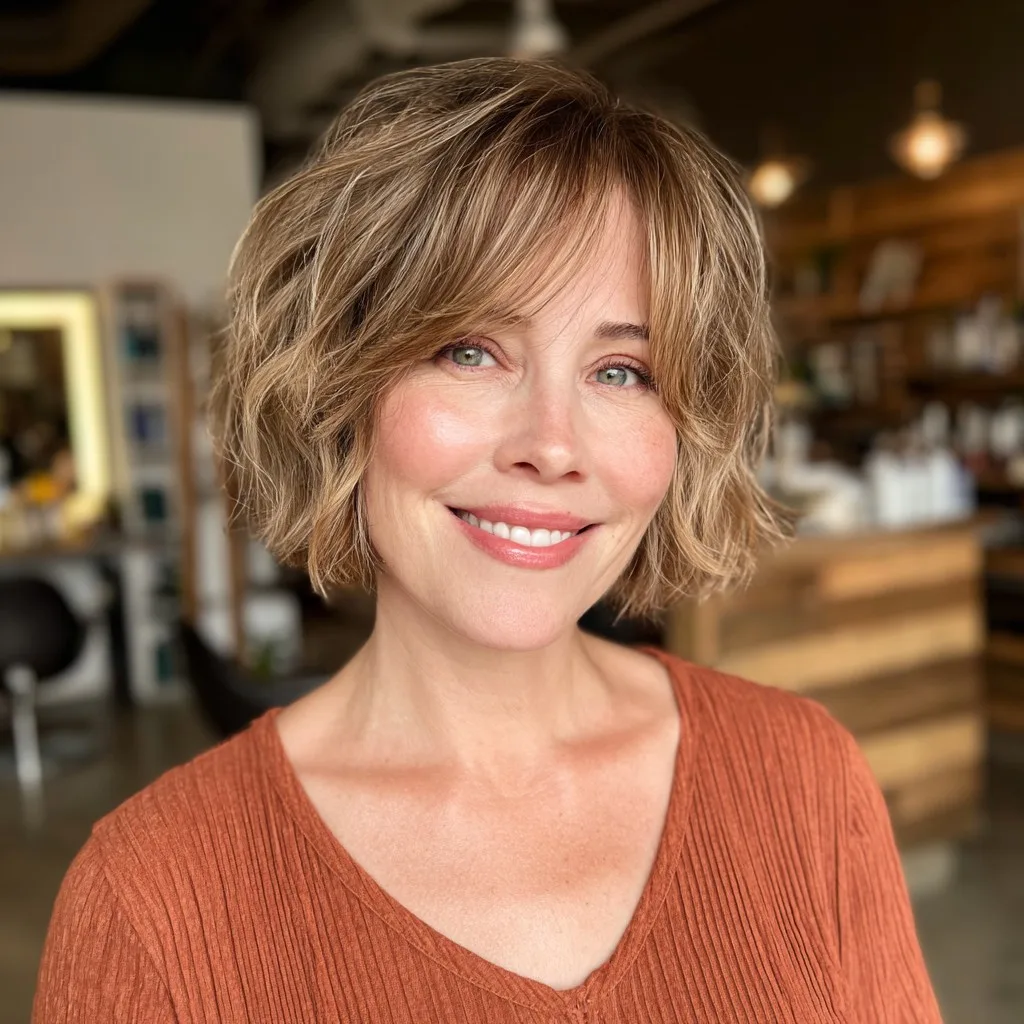 Softly Textured Shaggy Bob with Delicate Bangs