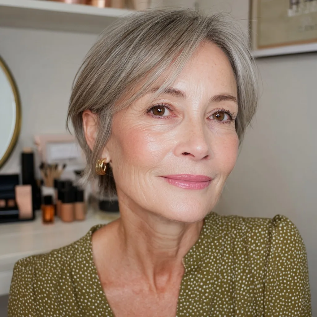 Softly Textured Silver Pixie with Side-Swept Bangs