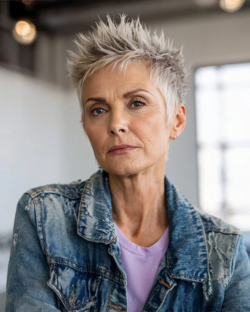 Spiky short pixie for older women with platinum hair and textured crown for a bold, edgy style