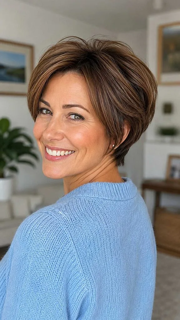 Stacked Brunette Pixie Bob with Highlights
