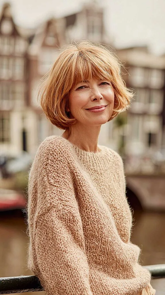 Strawberry blonde chin-length bob with curtain bangs
