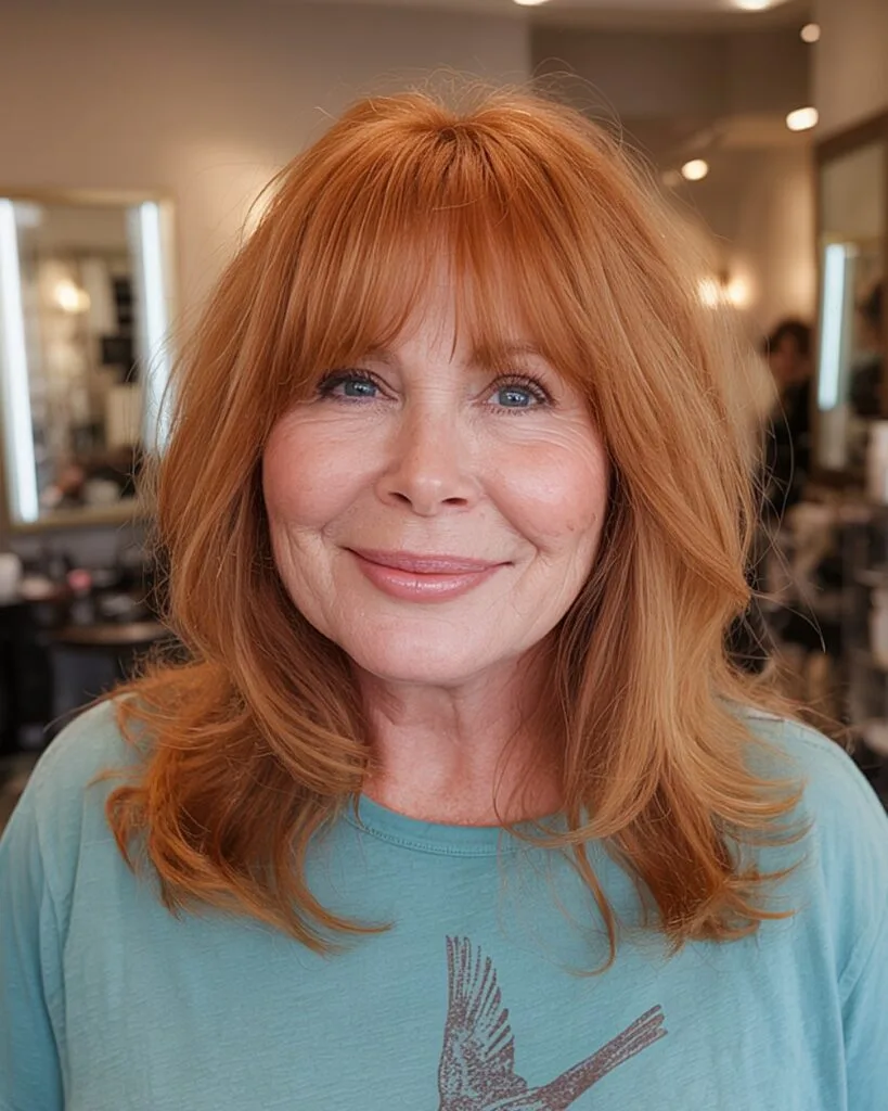 Strawberry blonde layered cut with fringe bangs for round-faced women over 60