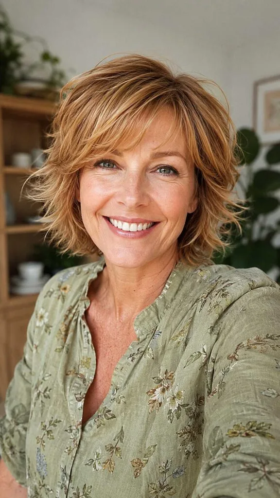 Strawberry blonde short shag with wispy layered bangs