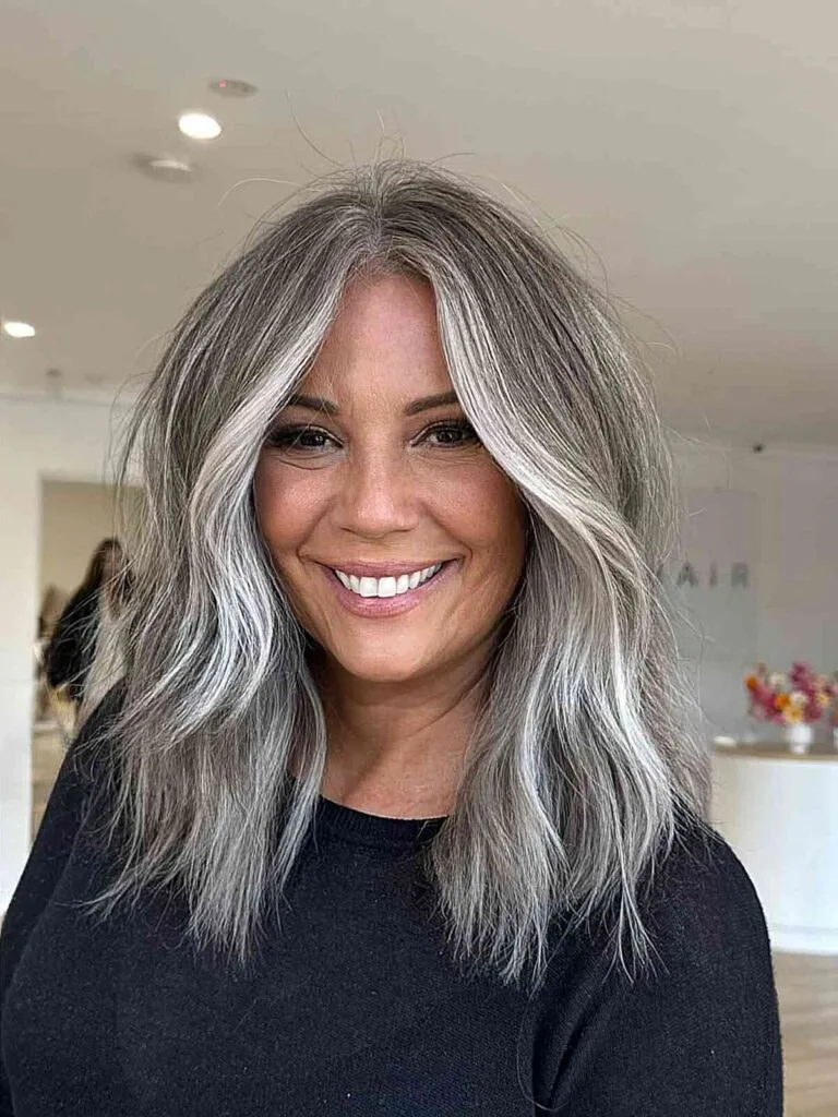 Stylish Medium Gray Hair with Silver Highlights