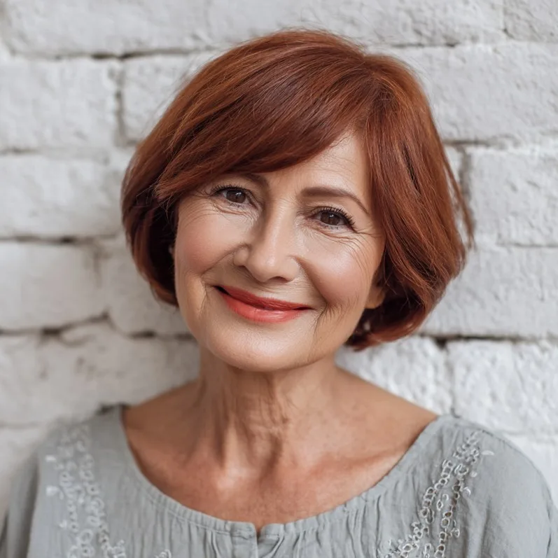 Stylish Rounded Red Bob with Gentle Waves