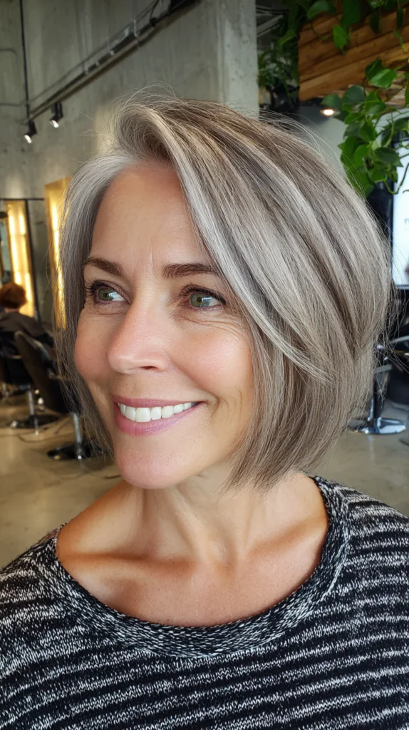 Stylish Silver Chin-Length Bob with Soft Textured Layers