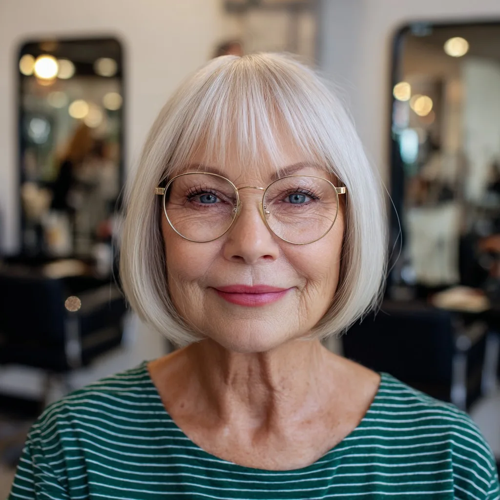 Stylish Silvery Blunt Bob with Soft Fringe