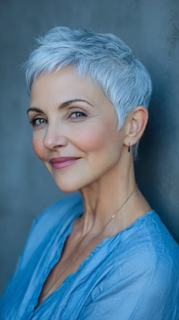 Stylish Silvery Razor-Textured Pixie for Fine Hair