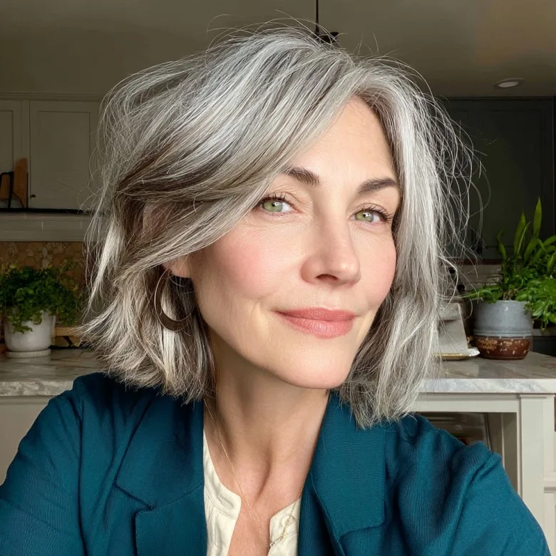 Stylish Softly Layered Bob with Natural Gray Highlights