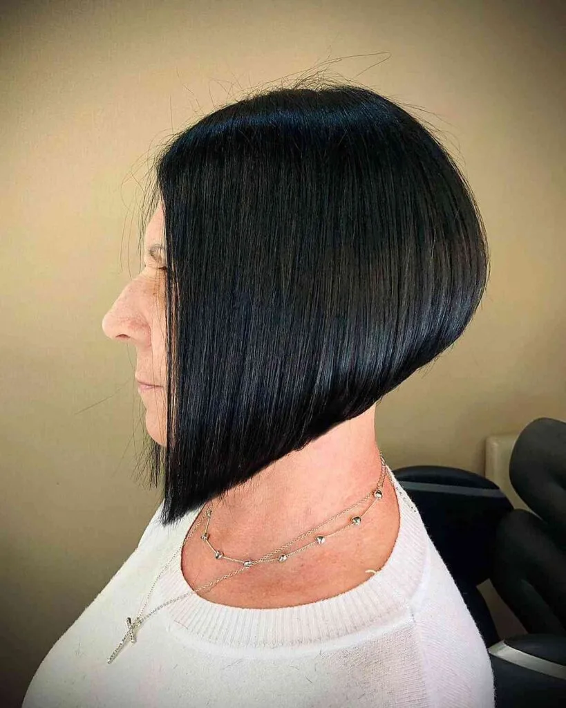 Stylishly Angled Jet Black Bob for Thick-Haired 50-Year-Olds