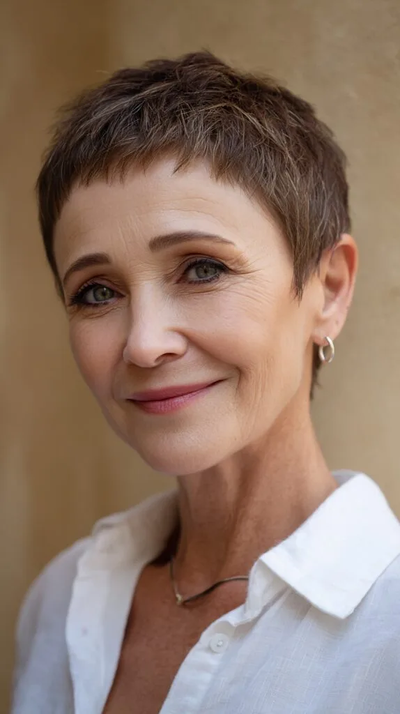 Subtle Brunette Textured Pixie with Natural Highlights