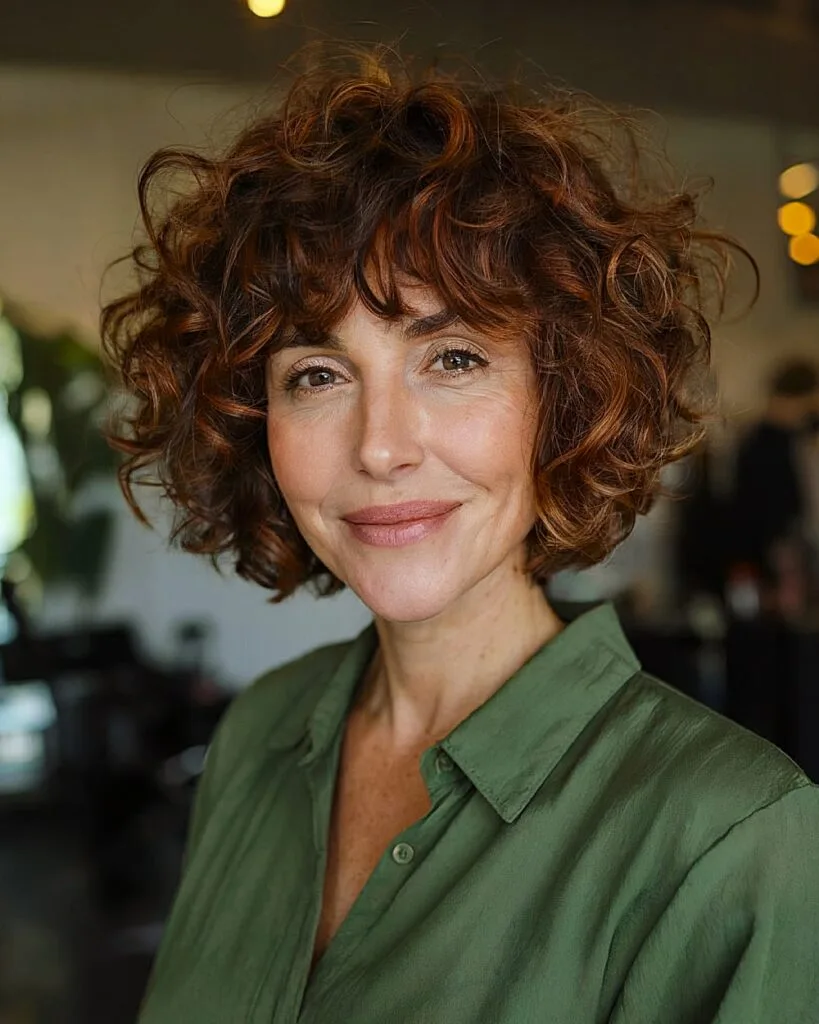 Subtle copper curly bob with soft bangs for older women with thick curly hair
