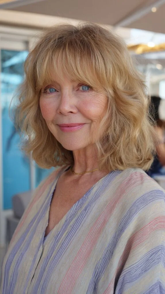 Sun-Kissed Shoulder-Length Shag with Wispy Curtain Fringe and Root Shadow