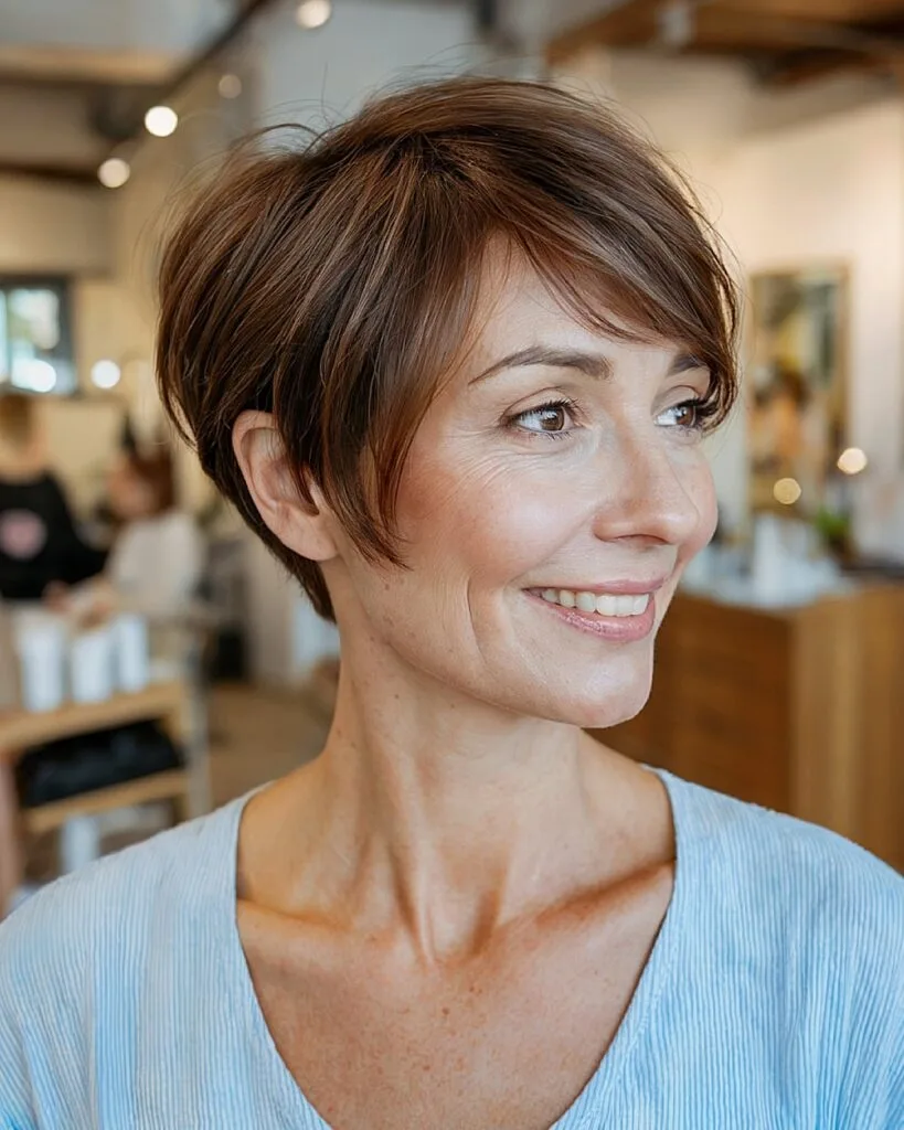 Swooped side bang pixie for older women with warm brown hair and soft layers