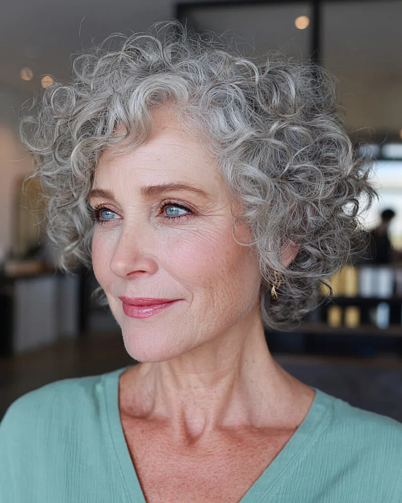 Tapered curly bob with layered ends for women in their 60s