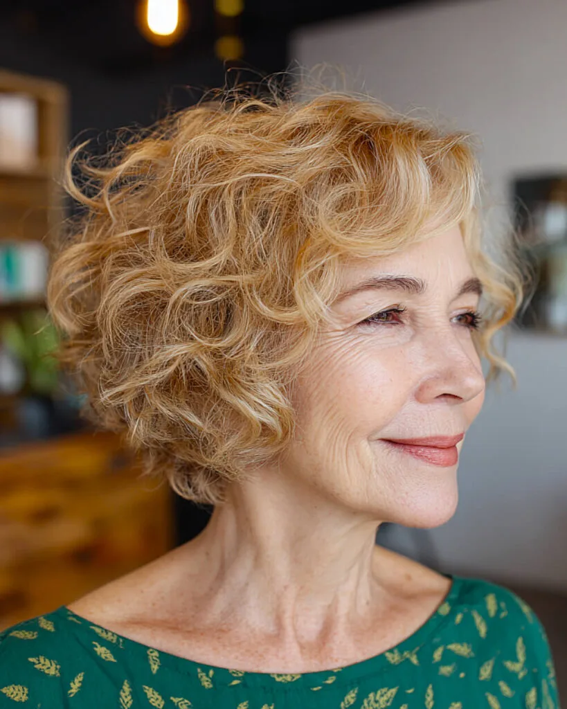 Tapered curly bob with natural texture for gray hair