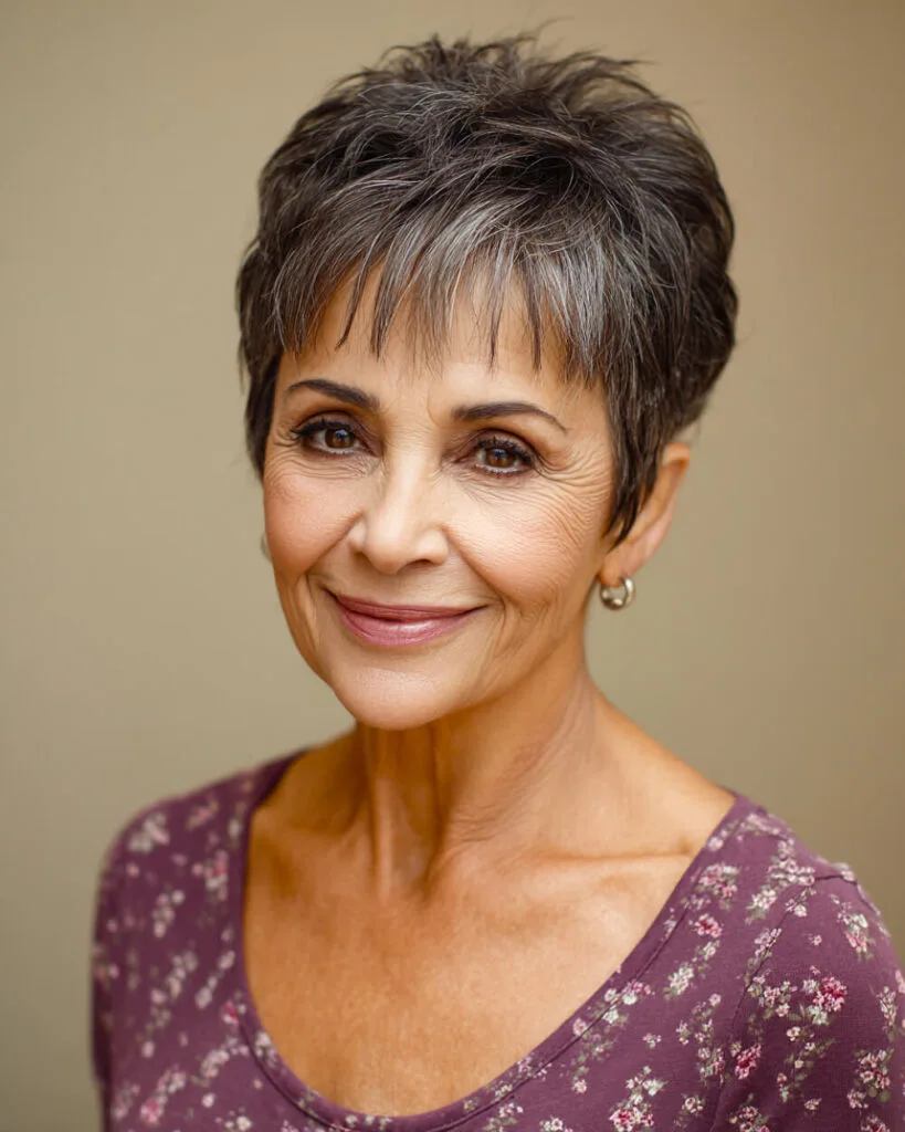Tapered pixie haircut for thin hair over 50 featuring crown volume and textured layering