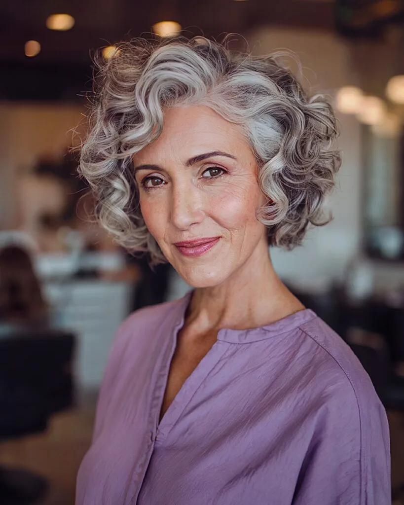 Tapered salt and pepper curly bob for older women with thick vintage-inspired curls