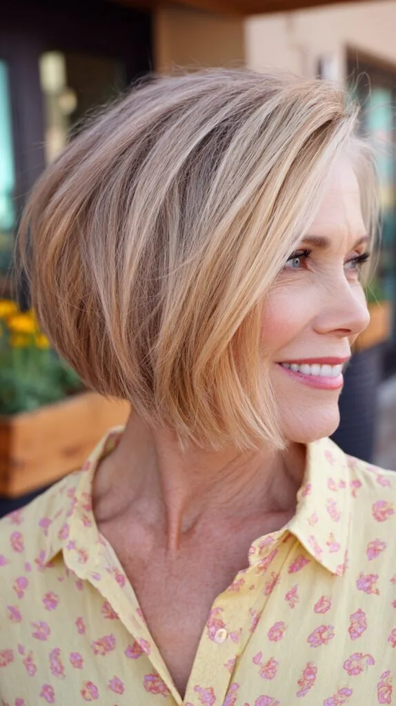 Textured Angled Chin-Length Bob with Root-Melt Blonde
