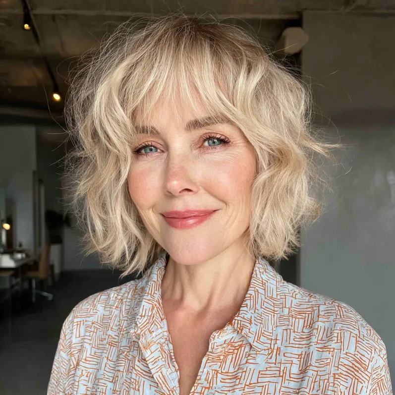 Textured Blonde Bob with Soft Waves and Fringe