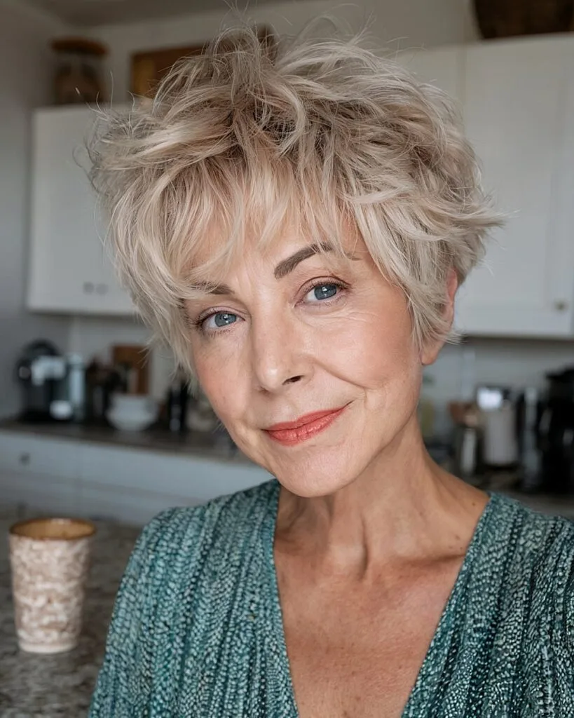 Textured blonde pixie haircut with tousled volume for older women, styled with choppy ends and fringe