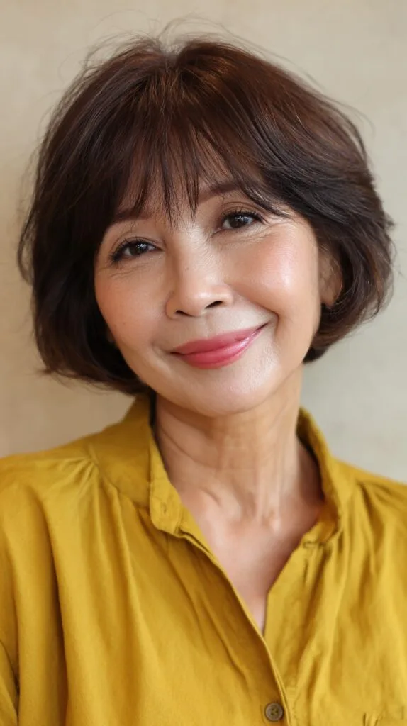 Textured Brunette Bob with Feathered Bangs