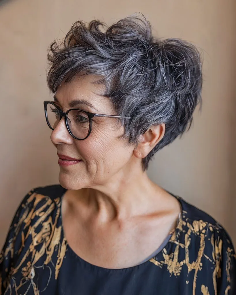 Textured charcoal pixie haircut with tousled layers for older women with thick wavy hair