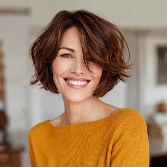 Textured Chocolate Bob with Soft Face-Framing Layers