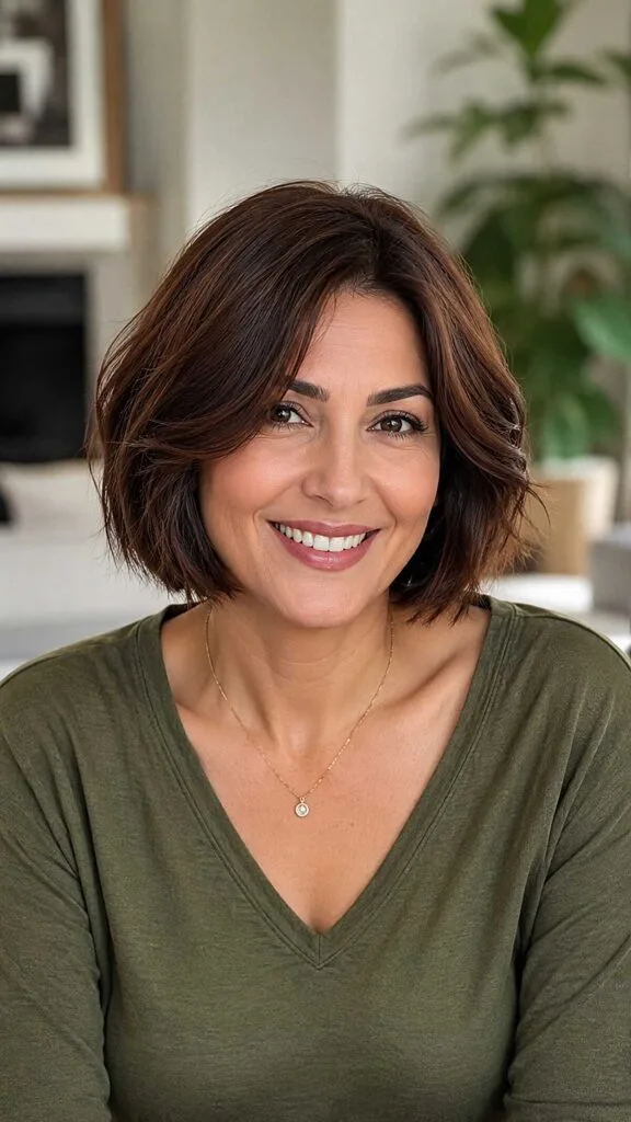 Textured Chocolate Brown Bob with Subtle Wave