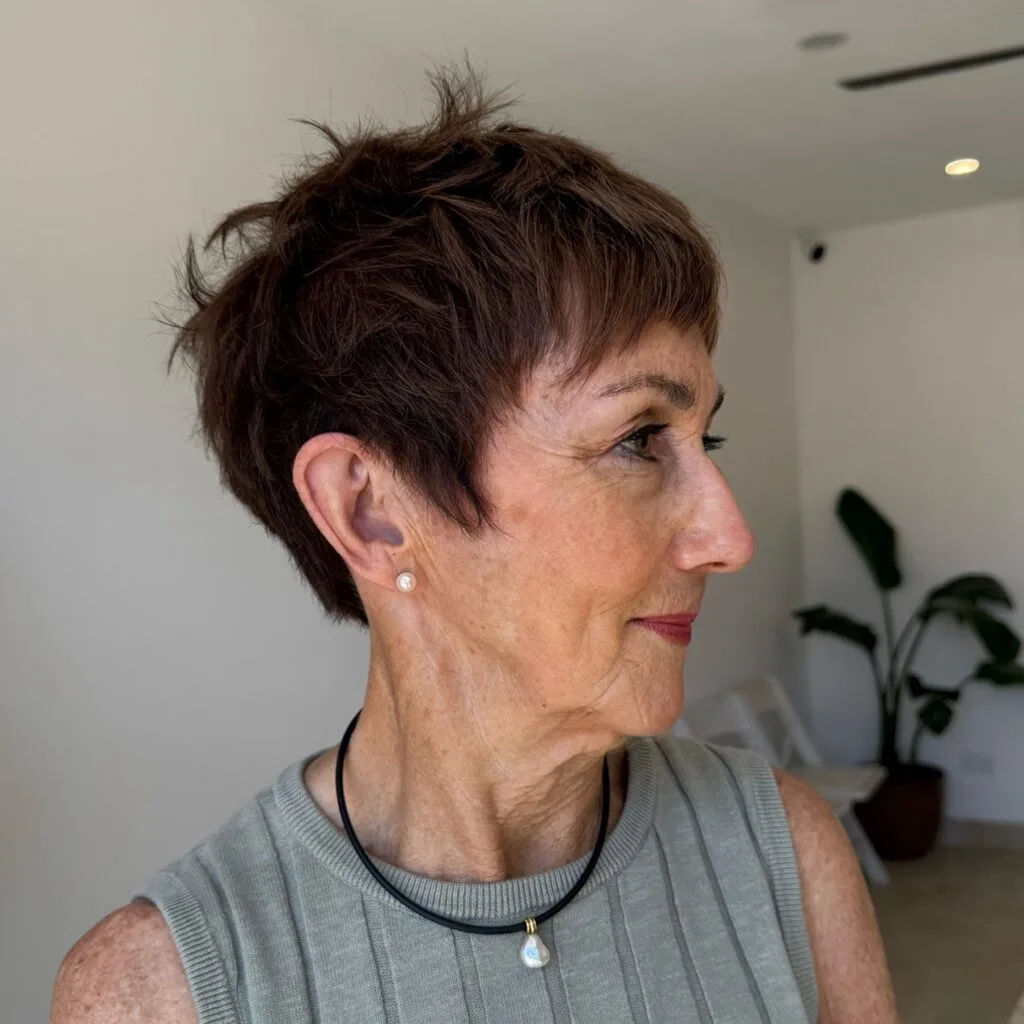 Textured Chocolate Pixie Cut with Playful Volume