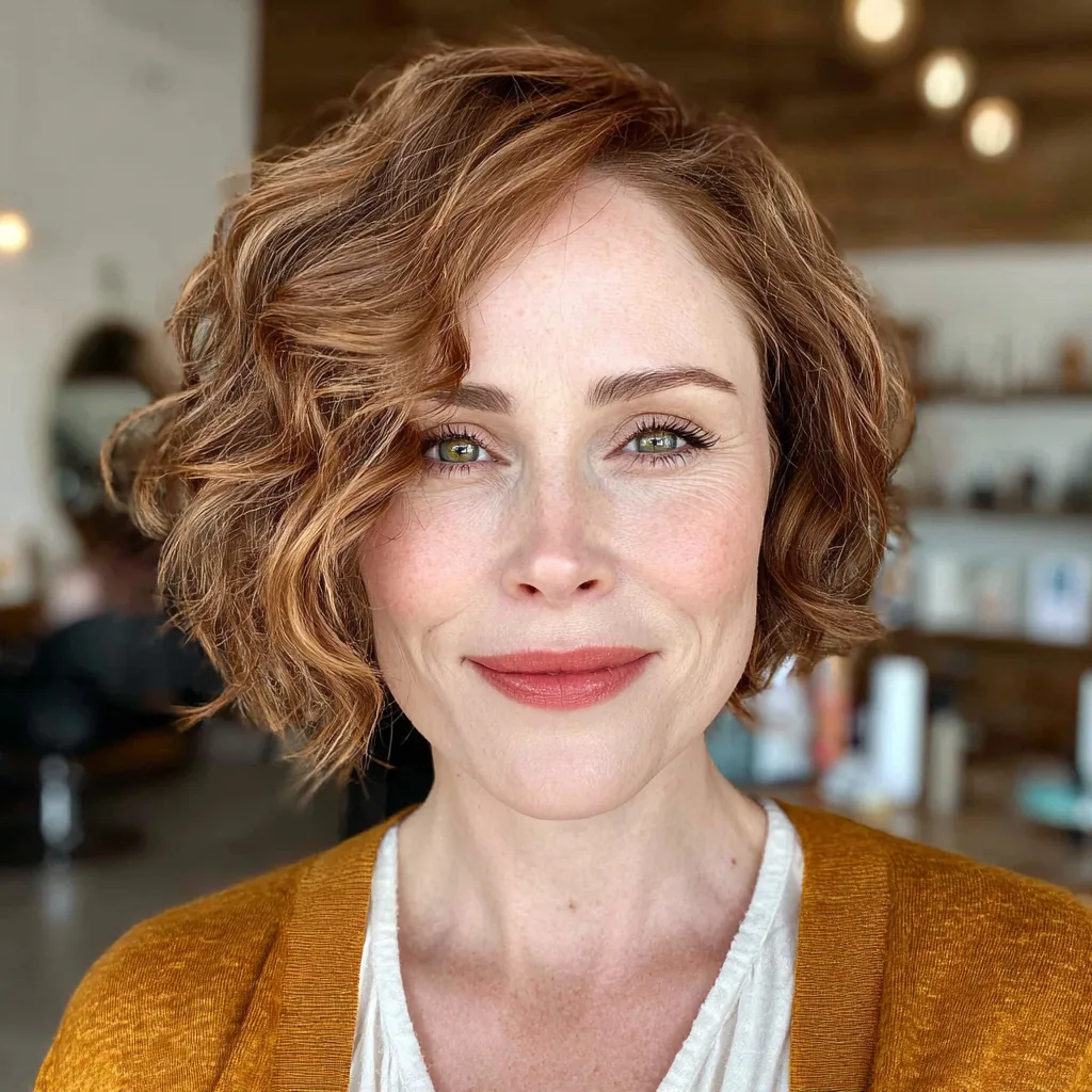 Textured Curly Bob with Warm Auburn Highlights