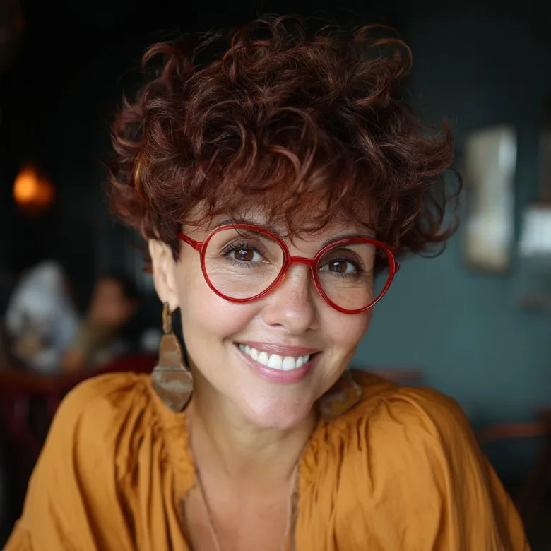 Textured Curly Pixie with Vibrant Red Highlights
