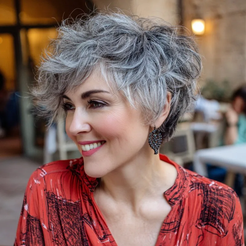 Textured Grey Pixie Cut with Lively Volume