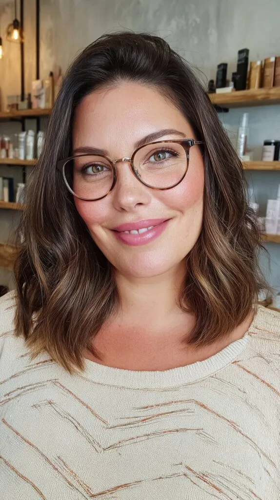 Textured Mid-Length Cut with Glossy Chocolate Highlights