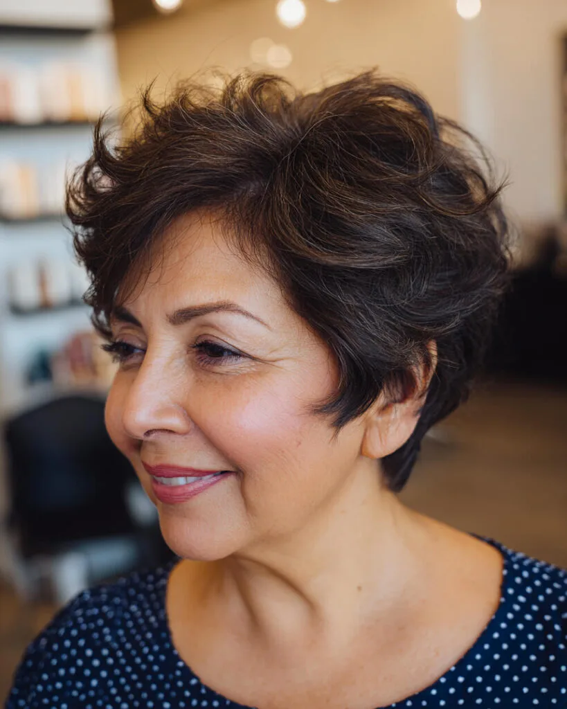 Textured piecey pixie for women over 50 with fine hair and side-swept fringe