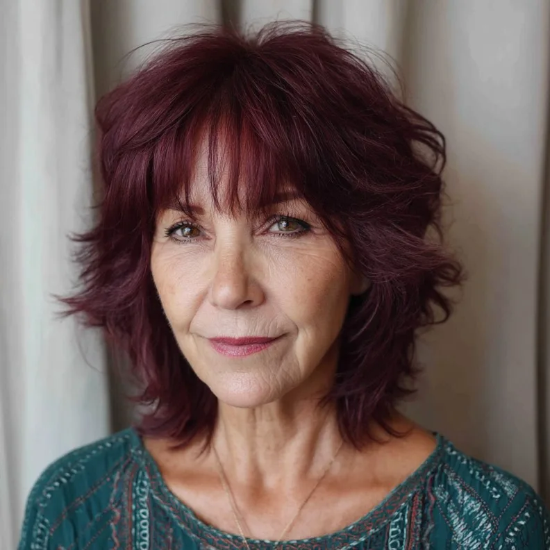 Textured Red Wine Shag with Face-Framing Bangs