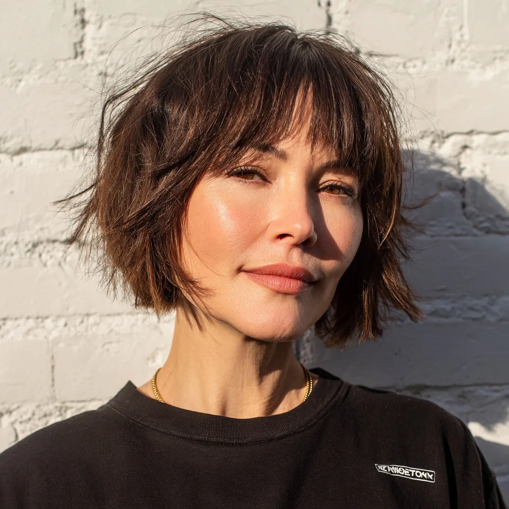 Textured Shaggy Bob with Bold Bangs