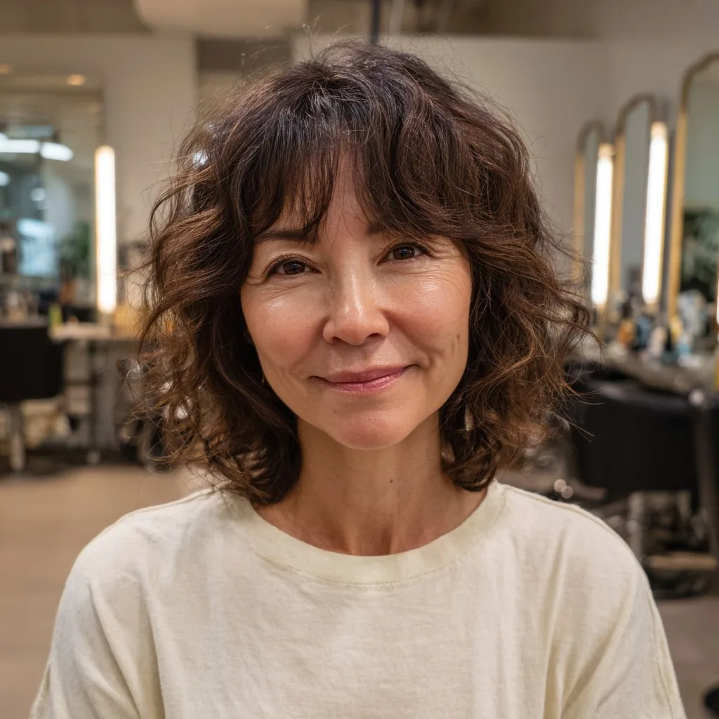 Textured Shaggy Bob with Loose Curls and Soft Bangs