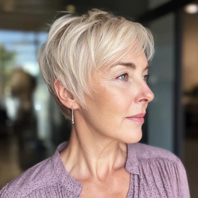 Textured Short Blonde Pixie Cut with Feathered Layers